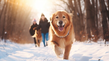 golden retriever running in the snow with family in the background