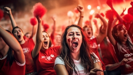 happy female fan celebrating at the stadium. - obrazy, fototapety, plakaty
