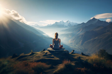 Young woman meditating in the Himalayas at sunrise, yoga concept