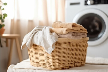 Fototapeta na wymiar Laundry basket on a rack beside of a washing machine in laundry room