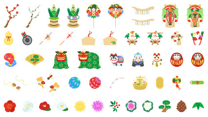 門松、鏡餅、輪飾りや獅子舞など50種類のお正月飾りのセット。フラットなベクターイラスト。 Set of 50 Japanese New Year&rsquo;s decorations including Kadomatsu, kagami-mochi, wreath and lion dance etc. Flat designed vector illustrations.	
