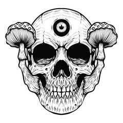Scary skull mushroom with eye  hand drawn vector coloring page. ingking illustrations