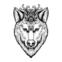 red wolf crown ornament illustration tattoo design black and white