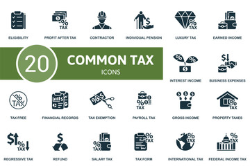 Common tax set. Creative icons: eligibility, profit after tax, contractor, individual pension, luxury tax, earned income, interest income, business expenses, tax free, financial records