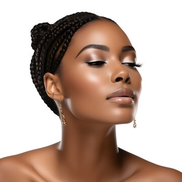 black beautiful woman with hair, isolated on white background