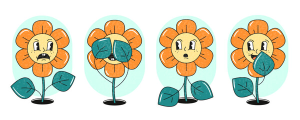 Naklejka premium Retro style funny, spooky, frightened, emotional daisies. Hippie 60s, 70s style Isolated vector illustration. Icons, stickers, poster or t-shirt design template