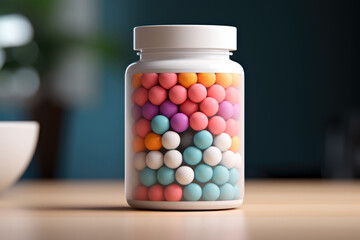 A jar of colorful pills on a table. Digital art.