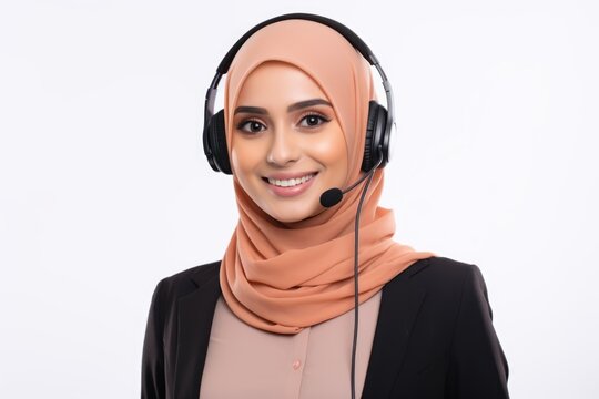 A muslim woman in jijab is wearing a headset. Call center operator. Imaginary photorealistic image.