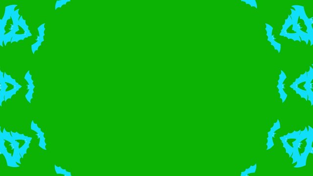 Animated blue bats fly out from center of screen. Looped video. Concept of Halloween, Black Friday. Flat vector illustration isolated on a green background.
