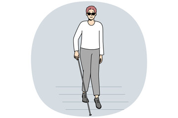 Blind man with stick walking on crosswalk. Disabled male in dark sunglasses crossing road. Disability and healthcare. Vector illustration.