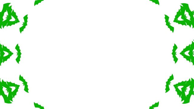 Animated green bats fly out from center of screen. Looped video. Concept of Halloween, Black Friday. Flat vector illustration isolated on a white background.