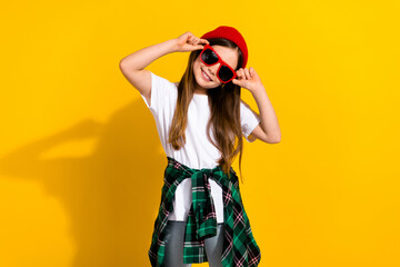 Photo portrait of adorable schoolgirl touch sunglass summer shopping wear trendy white outfit...