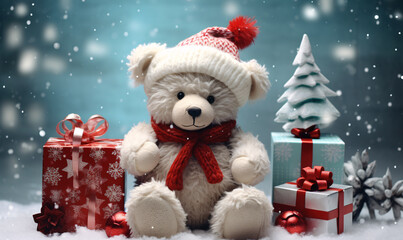 A cuddly teddy bear wearing a Christmas hat with Christmas presents on a snowy background. Generative Ai