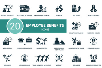 Employee benefits set. Creative icons: social security, food and beverage, skills development, pension, pay raise, stock options, health insurance, working hours, meal break, work life balance, paid