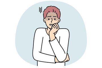 Fototapeta premium Anxious young man feeling terrified and worried. Unhappy guy feel afraid and astonished. Emotion control and mental problems. Vector illustration.