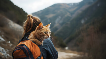 woman with red backpack hiking with ginger cat in mountains in fall Tourism and travel with pets concept copy space - obrazy, fototapety, plakaty