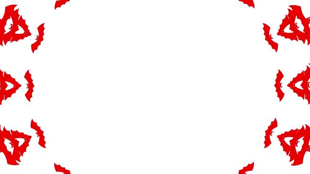 Animated red bats fly out from center of screen. Looped video. Concept of Halloween, Black Friday. Flat vector illustration isolated on a white background.
