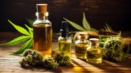 Cannabis buds and a bottle with medical cannabis and cbd oil on the table close up. Generative ai