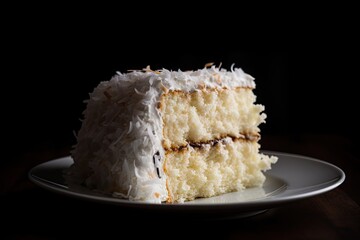 Coconut Cake, White Dessert, Frosting Vanilla Torte Slice, Abstract Generative AI Illustration