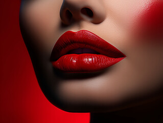 Sexy red lips close up. Beautiful perfect makeup. - obrazy, fototapety, plakaty