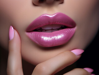 Naklejka premium Beautiful perfect makeup. match color of lipstick and manicure.