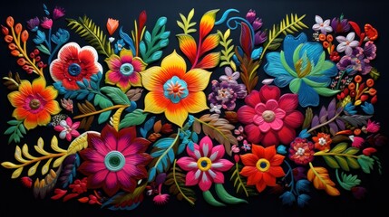 Fototapeta na wymiar Textile woven flowers. Latin Hispanic Mexican fabric. Traditional folklore concept.
