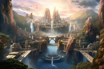 Fantasy City in Sky, Future Cityscape, Landscape, Drawing Imitation, Abstract Generative AI Illustration