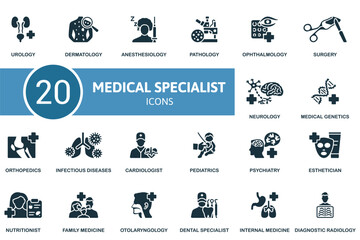 Medical specialist set. Creative icons: urology, dermatology, anesthesiology, pathology, ophthalmology, surgery, neurology, medical genetics, orthopedics, infection diseases, cardiologist, pediatrics
