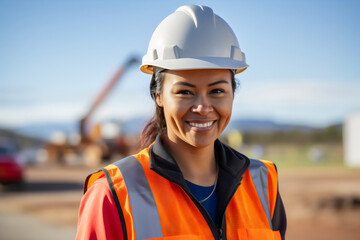 portrait of smiling female engineer on site wearing hard hat, high vis vest, and ppe	