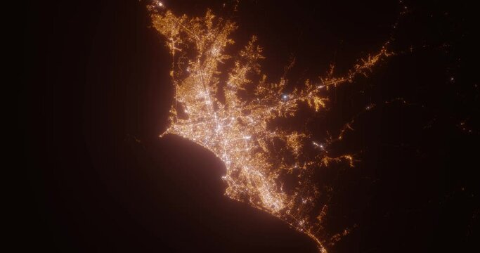 Lima (Peru) aerial view at night. View on modern city from space. Camera is zooming in, rotating counterclockwise