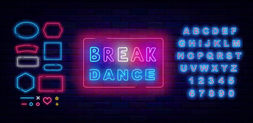 Break dance neon emblem. Hip hop music. Colorful handwritten text. Disco party. Vector stock illustration