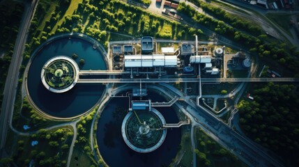 Aerial view of a water treatment facility with circular tanks and greenery.