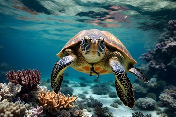Obraz premium turtle swimming undersea full of colorful fish and coral reef, ocean, aquatic, nature, seascape