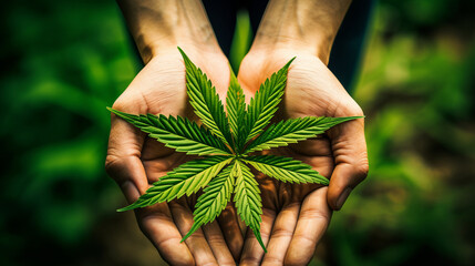 Hands holding medical cannabis close up. Generative ai