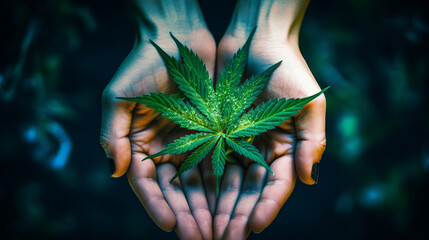 Hands holding medical cannabis close up. Generative ai - obrazy, fototapety, plakaty