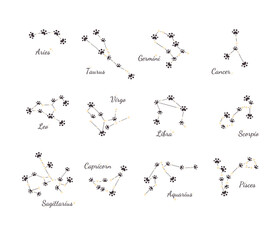 Constellations of twelve zodiac signs in shape of paws. Collection of paw stars, astrological signs illustration isolated on white background. Vector 