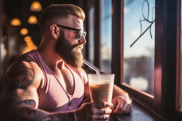Poster Young fit man with beard in sportswear is drinking strawberry protein shake from shaker after workout in fitness center sitting by the window © Iryna Melnyk