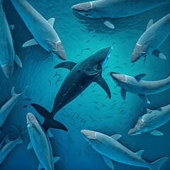 a dolphin and a alligator swima toward a school of Manta Rays in shallow light blue water seen from above swimming from the bottom of the image moving in a whole school of manta rays in clear water  - obrazy, fototapety, plakaty