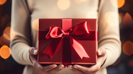 Hands holding red gift box