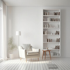A minimalist library room with an all-white color
