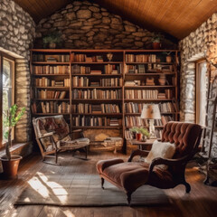  A rustic library room with a stone wall a wooden 
