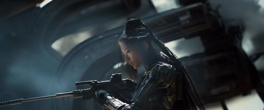 Portrait of cyberpunk female soldier of future in futuristic combat armour suit guards entrance to spaceship. Cyberpunk, dystopian. Anamorphic 4k footage