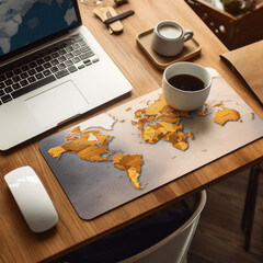 A mousepad with a world map design on a wooden desk 
