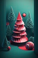 Creative  design of  party background with Christmas tree. Template for advertising, web, social media and fashion ads. Poster, flyer, greeting card. AI generative