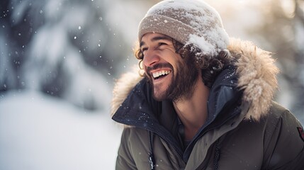 Man laughing in winter outdoors - obrazy, fototapety, plakaty