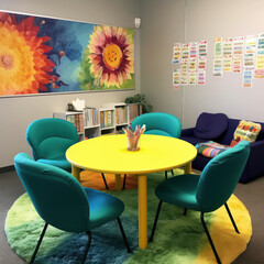  A colorful room with a yellow table four green chair 
