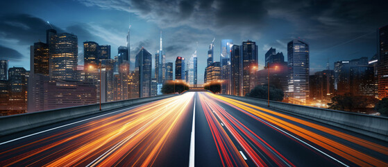 Fototapeta na wymiar Motion blur of a busy urban highway during the evening rush hour. Dynamic Urban Energy