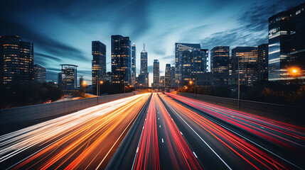 Motion blur of a busy urban highway during the evening rush hour. Dynamic Urban Energy