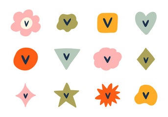 Cute hand drawn check mark set. Diary note elements with checkboxes in the shape of flower, star, heart, circle, cloud. Tick V, yes, ok sign for week planner, bullet journal, notebook template