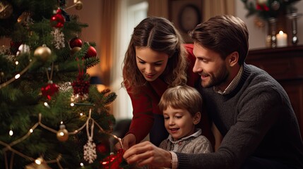 Obraz na płótnie Canvas Happy family helping daughter decorate christmas tree